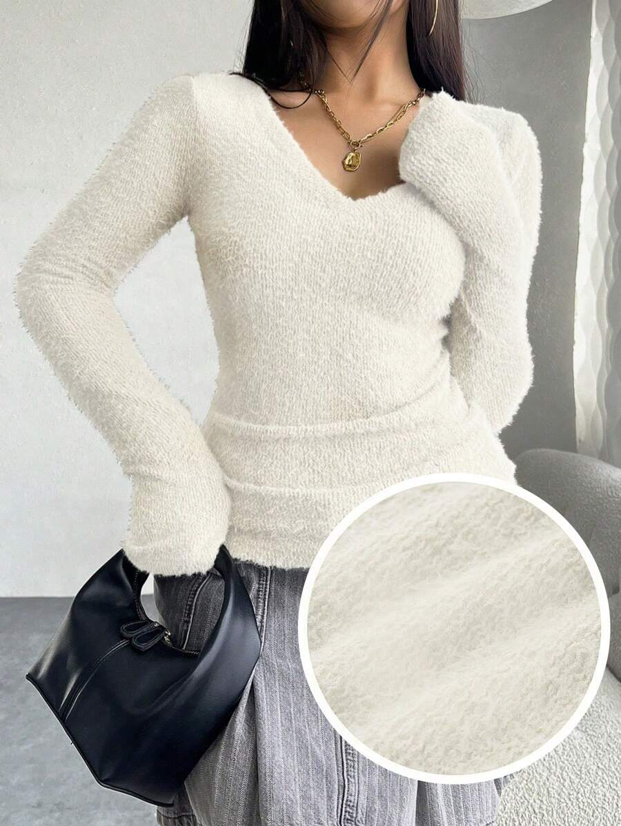 SHEIN Leap Crew 青少年女孩百搭 V 领高领修身高弹力蓬松毛衣白色 T 恤，秋冬 - 白色 - 查看 1