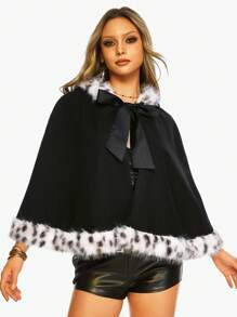 ROMWE Kawaii Abrigo vintage con cuello de piel y adorno de lazo para mujeres, dulce y lindo, apto para otoño/invierno - Negro - Ver 5