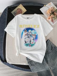 Beetlejuice X SHEIN 夏季休闲宽松圆领短袖女式T恤 - 白色 - 查看 1
