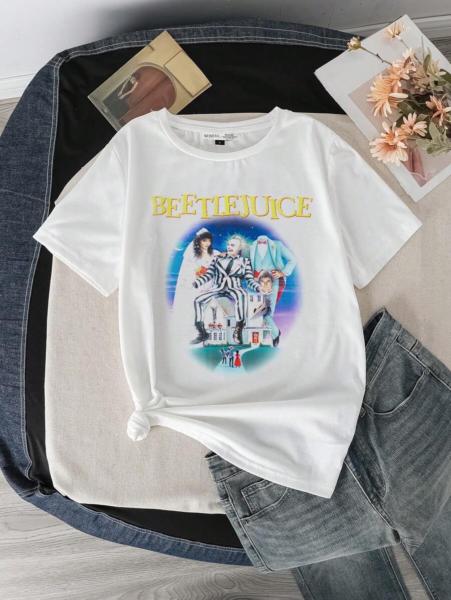 Beetlejuice X SHEIN 夏季休闲宽松圆领短袖女式T恤 - 白色 - 查看 1