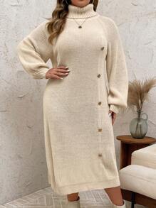 EMERY ROSE Plus Size Women Apricot White Casual Button Raglan Sleeve Loose Long Knitted Maxi Sweater Dress, For Winter