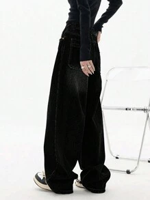 Women's Dark Wash Pocket Detail Denim Jeans - Black - View 2