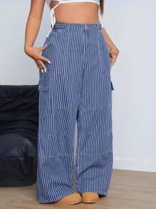 SHEIN ICON Quần Jeans Sọc Túi Hộp Rộng Thường Ngày Cho Nữ Cỡ Lớn - Màu xanh lam - Xem 1