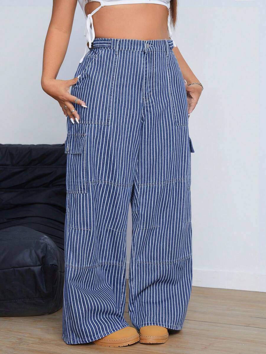 SHEIN ICON Quần Jeans Sọc Túi Hộp Rộng Thường Ngày Cho Nữ Cỡ Lớn - Màu xanh lam - Xem 1