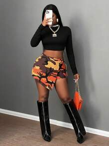 Slaydiva 夏季休闲街头前翻领装饰短裤迷彩裤裙女士短裤-H - 橘色 - 查看 4