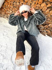 SHEIN EZwear Plus Size Women's Solid Color Long Sleeve Open Front Loose Furry Winter Coat, Warm Clothes