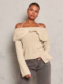 Glamine Women Off Shoulder Halter Neck Twist Front Bell Sleeve Sweater