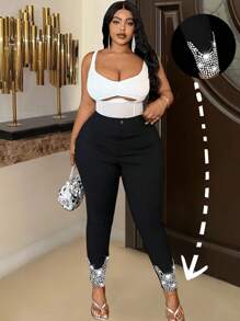 Slaydiva Casual Fashion Plus Size Women Rhinestone Decorated Tight Leggings - Dark Grey - View 1