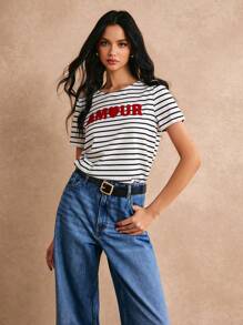 Poéselle 条纹和字母图案 T 恤，休闲风格，轻松时尚 - 白色 - 查看 6