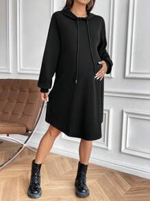 SHEIN Maternity Casual Everyday Solid Color Loose Fit Drawcord Hooded Long Sleeve, Dress For Autumn, For Winter