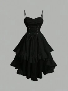 SHEIN CURVE+ 大码女式纯色甜心领口交叉系带荷叶边不对称复古下摆连衣裙，毕业白色连衣裙黑色紧身胸衣连衣裙哥特式连衣裙 - 黑色 - 查看 4