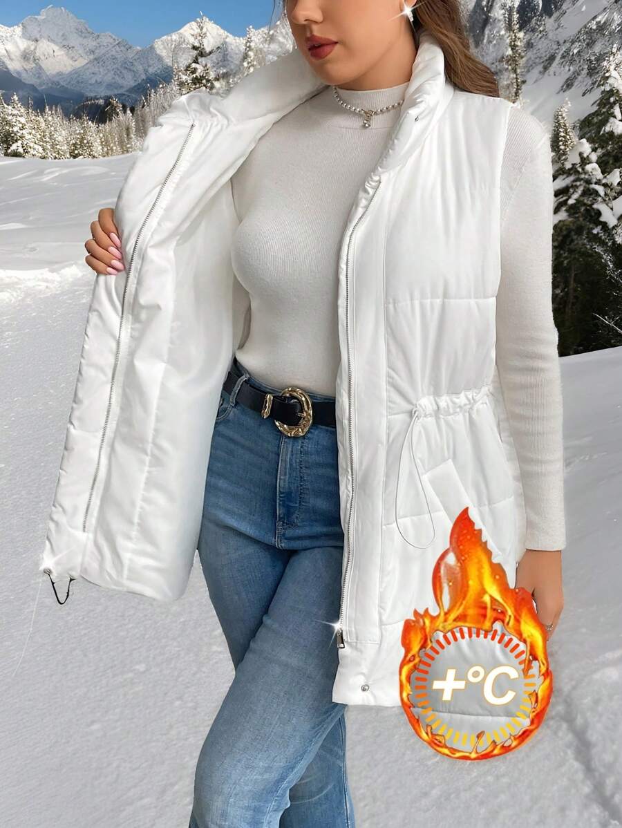 SHEIN Privé 大码优雅厚实保暖学院风白色夹棉背心，配有收腰、口袋和立领外套