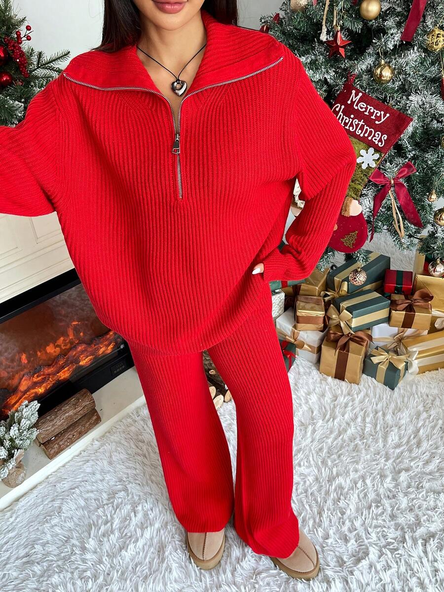 Muchica Bộ 2 áo len cổ khoét nửa màu đỏ thời trang lễ hội thu đông dành cho nữ - Màu Đỏ Sâu - Xem 1