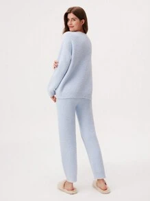 LUVLETTE 秋冬季毛绒圆领套头衫和裤子家居服睡衣套装内衣外套秋季睡衣服装 - 藍色 - 查看 5