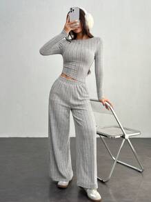 SHEIN PETITE Autumn And Winter Women's Wide Ribbed Knitted Slim-Fit Asymmetric Diagonal Hem Top + Wide-Leg Pants Casual And Comfortable Home Dark Gray Two-Piece Set - Grey - View 3