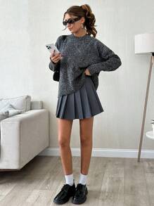 SHEIN Cottnline Casual Loose Fit Two-Tone Textured Crew Neck Sweater, Autumn/Winter - Dark Grey - View 4