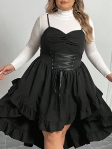 SHEIN CURVE+ 大码女式纯色甜心领口交叉系带荷叶边不对称复古下摆连衣裙，毕业白色连衣裙黑色紧身胸衣连衣裙哥特式连衣裙 - 黑色 - 查看 7