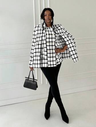 BamGleam 女士时尚复古格子斗篷风格粗花呢外套，秋冬季优雅大衣