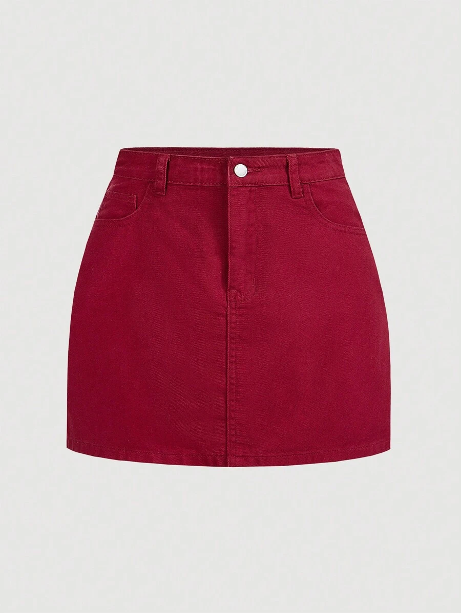 SHEIN MOD Women Red Denim Mini Skirt, Casual - Red - View 1
