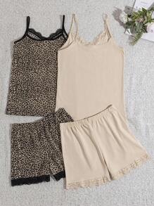 RueChic 2 件套蕾丝细节纯色和豹纹细节睡衣套装