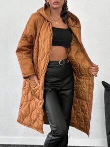 SHEIN Tall Women Quilted Camel Winter Hooded Winter Coat - Camel - View 4