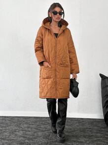 SHEIN Tall Women Quilted Camel Winter Hooded Winter Coat - Camel - View 6