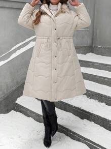 SHEIN LUNE 大码冬季服装休闲纯色抽绳腰部蓬松领连帽加厚棉服外套 - 駝色 - 查看 6