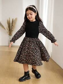 SHEIN Young Girl Ditsy Floral Stand Collar Casual Long Sleeve Dress Young Girl Dresses Black - Black - View 9