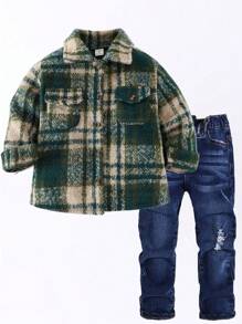 Young Boy Plaid Thickened Lapel Jacket,Back-To-School Autumn Career Day Casual College Style Pockets Adjustable Cuffs Comfortable Breathable Outerwear - Multicolor - View 8