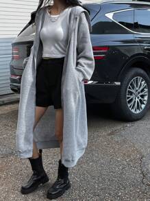 DAZY 女士羊毛连帽中长款卫衣，秋季拉链卫衣 - 灰色 - 查看 3