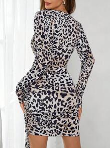 SHEIN Clasi Leopard Print Puff Sleeve Cinched Waist-Up Ruched Short Dress For Women