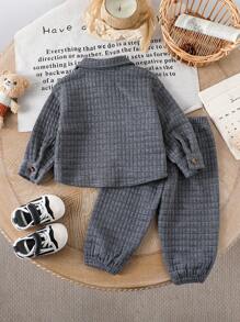 SHEIN Bộ 2 món áo khoác in chữ ve áo thời trang cho bé trai và quần cạp chun trơn, mùa xuân và mùa thu - Xám - Xem 2
