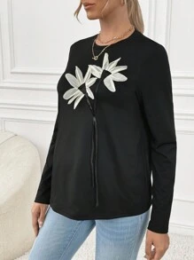 SHEIN 孕妇休闲 3D 花卉装饰长袖 T 恤，秋季，孕妇装 - 黑色 - 查看 4