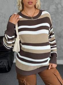 SHEIN Casual Maternity Crew Neck Drop Shoulder Loose Striped Sweater For Autumn/Winter - Multicolor - View 1