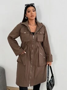 Flirla Casual Retro Workwear Jacket, Loose Fit Plus Size Mid-Length With Waist Drawstring - Brown - View 6