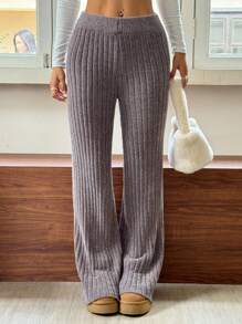 SHEIN EZwear High-Rise Flared Khaki Knit Trousers - Light Grey - View 6