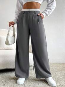 SHEIN EZwear Plus Size Retro Patchwork Waist Band Casual Straight-Leg Trousers