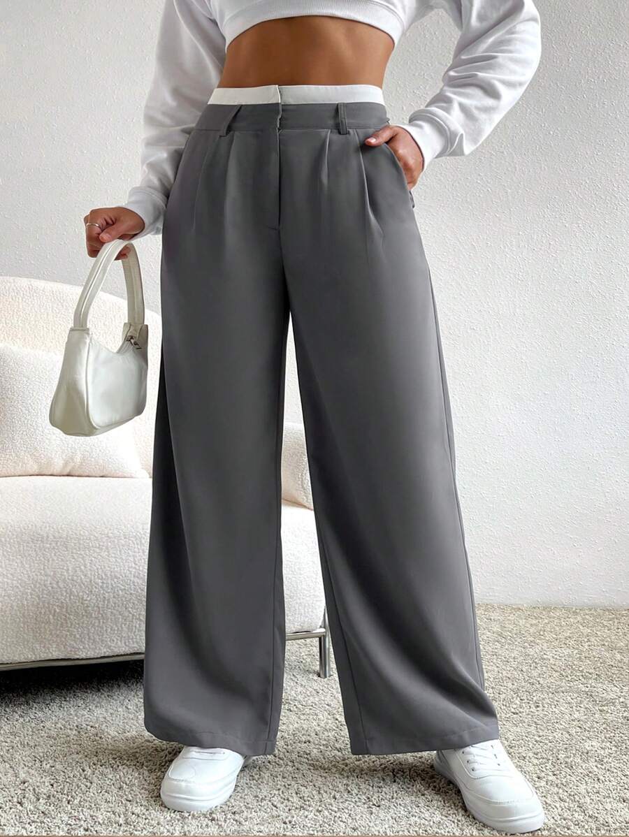 SHEIN EZwear Plus Size Retro Patchwork Waist Band Casual Straight-Leg Trousers