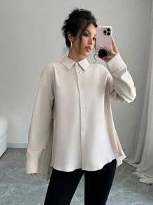 Chiquease 女式杏色卡其色拼布原创设计弧形褶皱不对称飘逸休闲宽松婴儿领衬衫领长袖上衣 - 杏色 - 查看 4