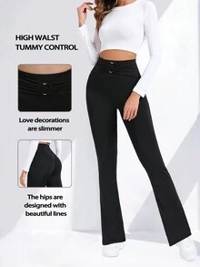Trioutop Micro-Flared Wide-Leg Leggings Quick-Drying Tights High-Waisted Breathable Workout Pants - Black - View 3
