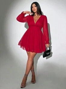 Viva Relle Valentine Plus-Size Women's New Year Red Deep V-Neck A-Line Chiffon Embroidered Dress Fall - Burgundy - View 3
