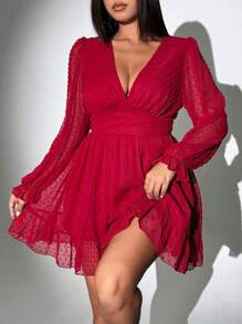 Viva Relle Valentine Plus-Size Women's New Year Red Deep V-Neck A-Line Chiffon Embroidered Dress Fall - Burgundy - View 5