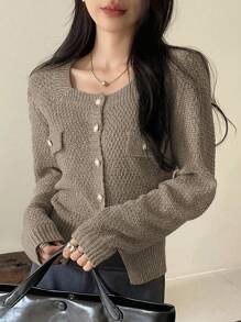 DAZY Áo khoác cardigan hở gấu đơn hàng khuy trơn màu cho nữ, thu đông, đêm giao thừa, áo dài tay, quần áo nữ mùa thu - Xám - Xem 4