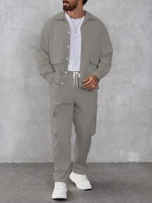 Manfinity Homme 2pcs Men Solid Front Button Pocket Long Sleeve Jacket & Drawstring Waist Long Pants Casual Suit - Grey - View 3