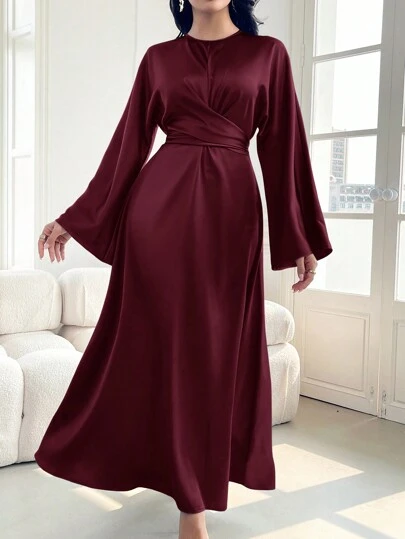 Modelyn Burgundy Red Women's Solid Color Satin Finish Elegant Waist Cinched Dress,Elegant Evening Party Dress Long Evening Dresses