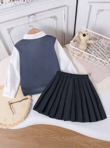 SHEIN Bộ áo thun dài tay cổ bẻ xếp lớp họa tiết hình học và màu trơn cho bé gái đại học kết hợp chân váy xếp ly màu trơn - Màu xanh lam - Xem 2