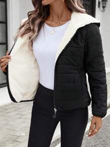 SHEIN LUNE Women's Black Casual Street Style Lightweight Padded Short Jacket, Winter