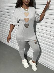 BamGleam 2 件套女士休闲圆领印花短袖上衣和长裤套装 - 灰色 - 查看 4