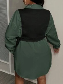 Slaydiva 2pcs Plus Size Elegant Casual Loose Contrast Color Tie Up Shirt & Dress Set For Summer & Autumn