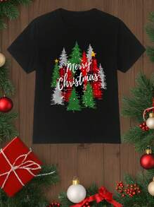 Manfinity Homme 男士休闲圣诞树图案印花圆领短袖 T 恤，适合圣诞节、送给朋友
